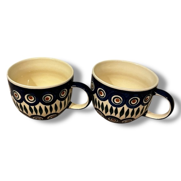 TWO Polish Pottery Mugs 8oz Peacock Pattern Boleslawiec Ceramic Folk Art - Picture 4 of 9